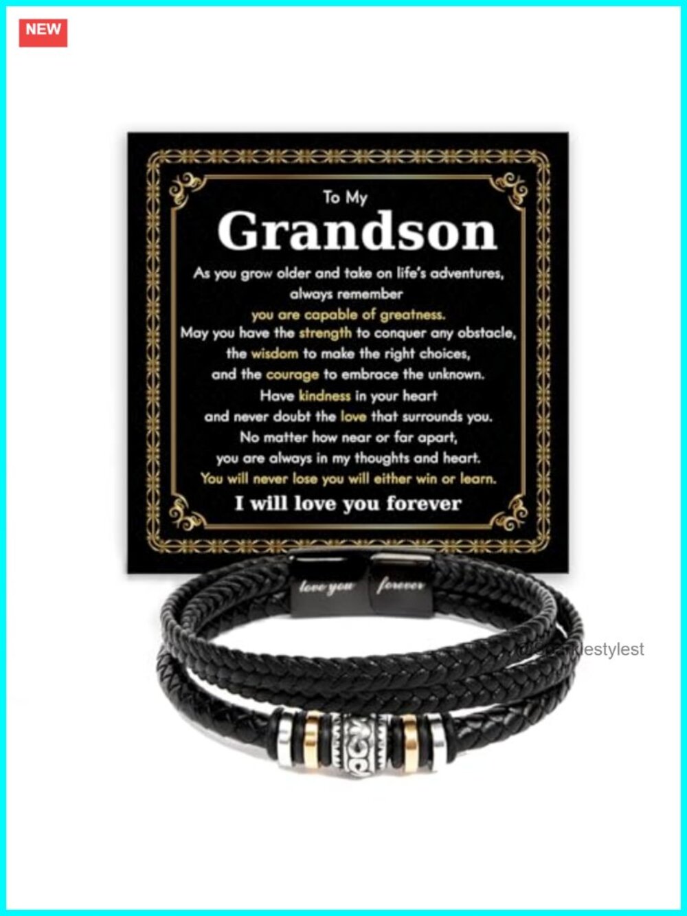 Braided Vegan Leather Cuff Bracelet Engraved Charm Gift for Grandson